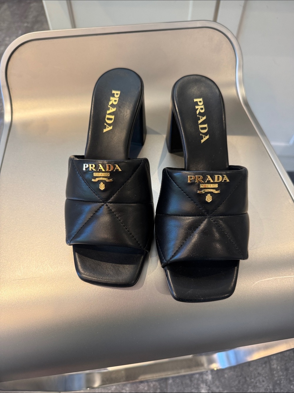 NIB Prada Black Quilted Leather Block Heel Mules with Gold Logo - Picture 3 of 8
